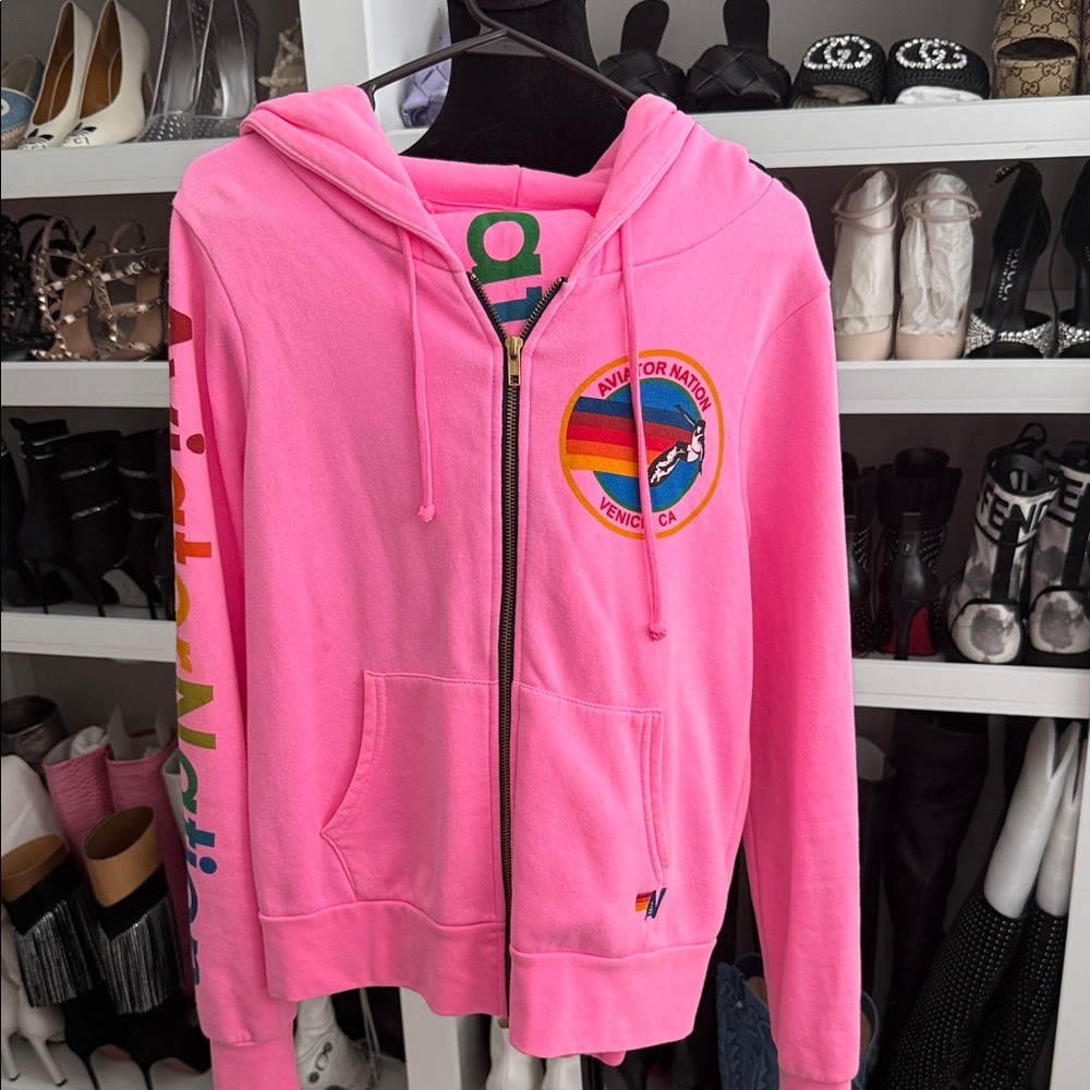 Aviator Nation Pink Zip-Up Hoodie with Rainbow Patch and Pants!!!!
